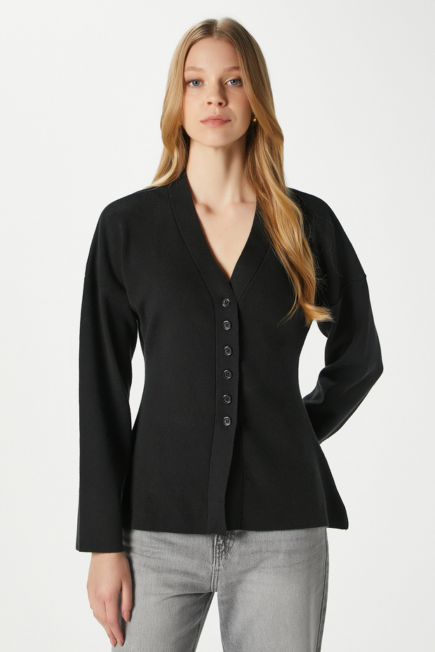 Women's Lauren Special Yarn Mercerized Look Peplum Black Knitwear Cardigan