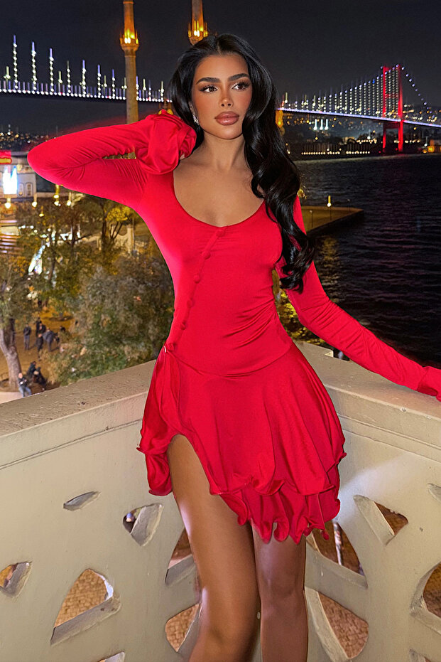 Red Taliah Button-Detail Ruffled V-Neck Mini Dress ATE-4041