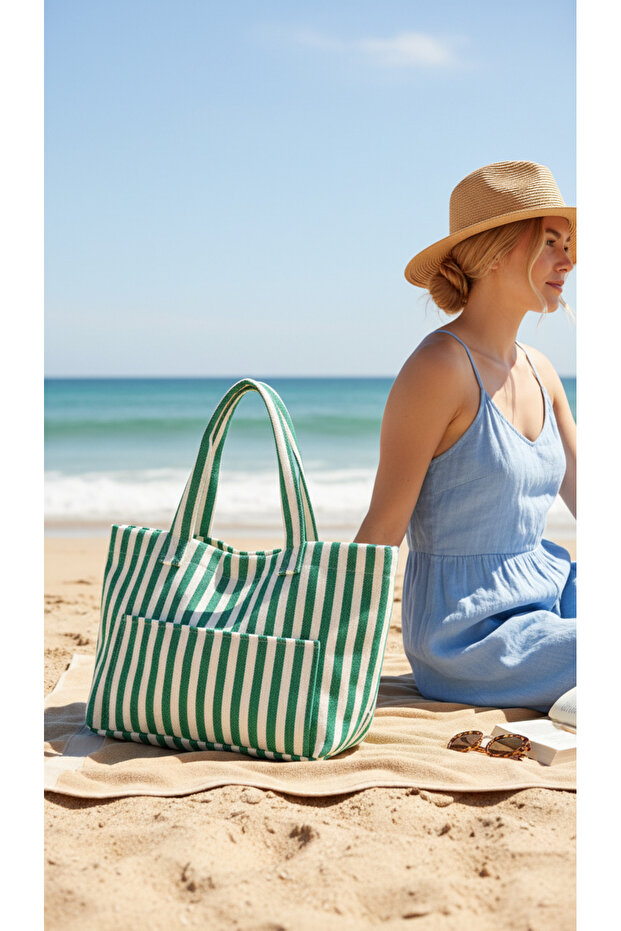 Women's Colorful Cotton Woven Magnetic Striped Lined Beach Bag