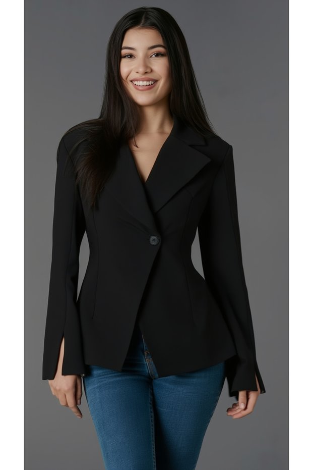 Black Double-Breasted Single-Button Jacket - 7011