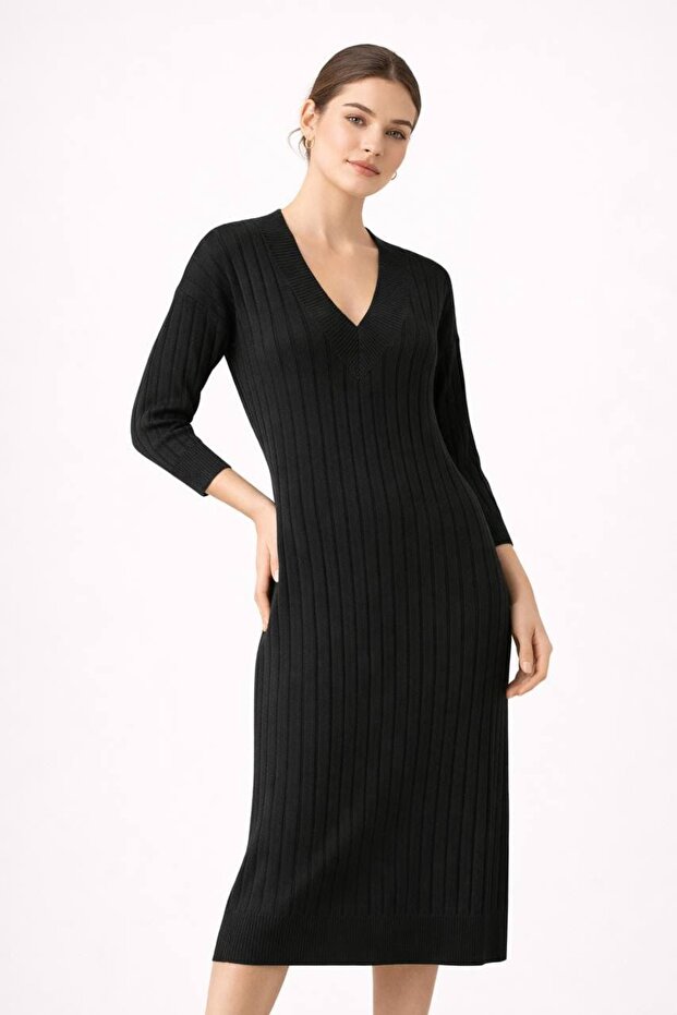 V Yaka Triko Elbise - 2