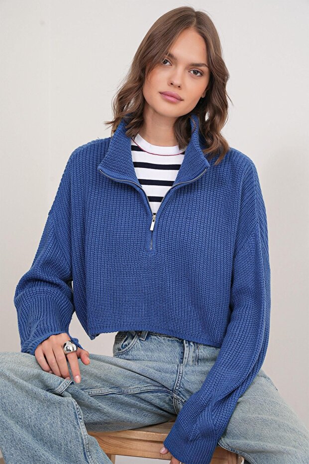 Mixray Textured Long Sleeve Zipper Collar Sweater