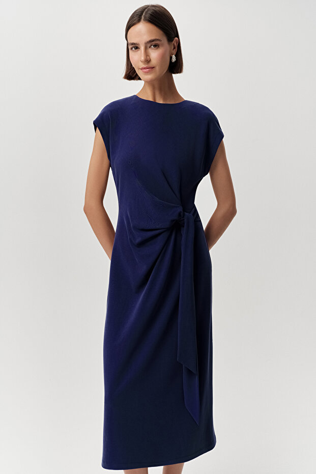 Bisiklet Yaka Fermuarlı Midi Regular Örme Elbise - 4