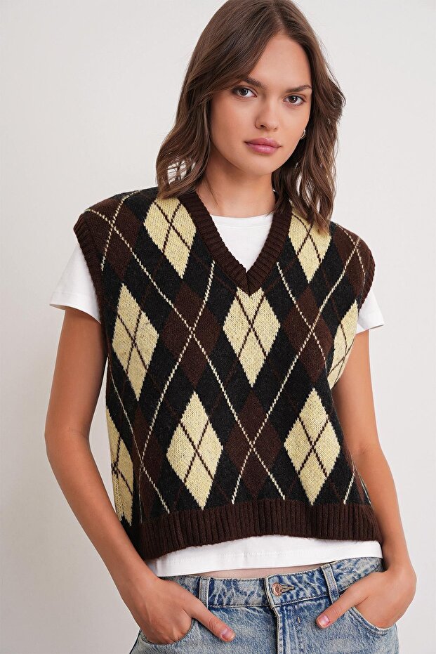 Mixray V-Neck Diamond Patterned Knitwear Vest