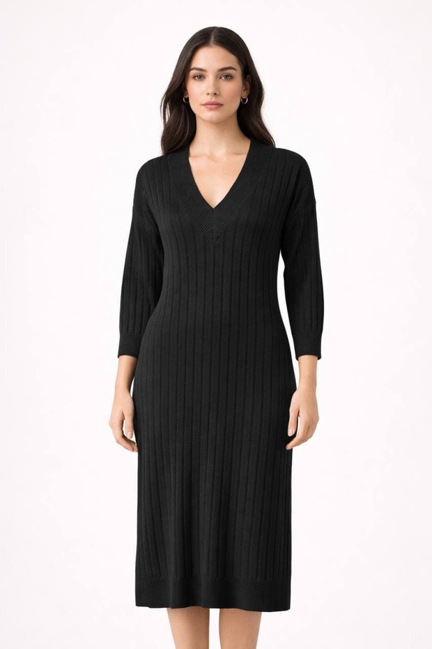 V Yaka Triko Elbise - 1