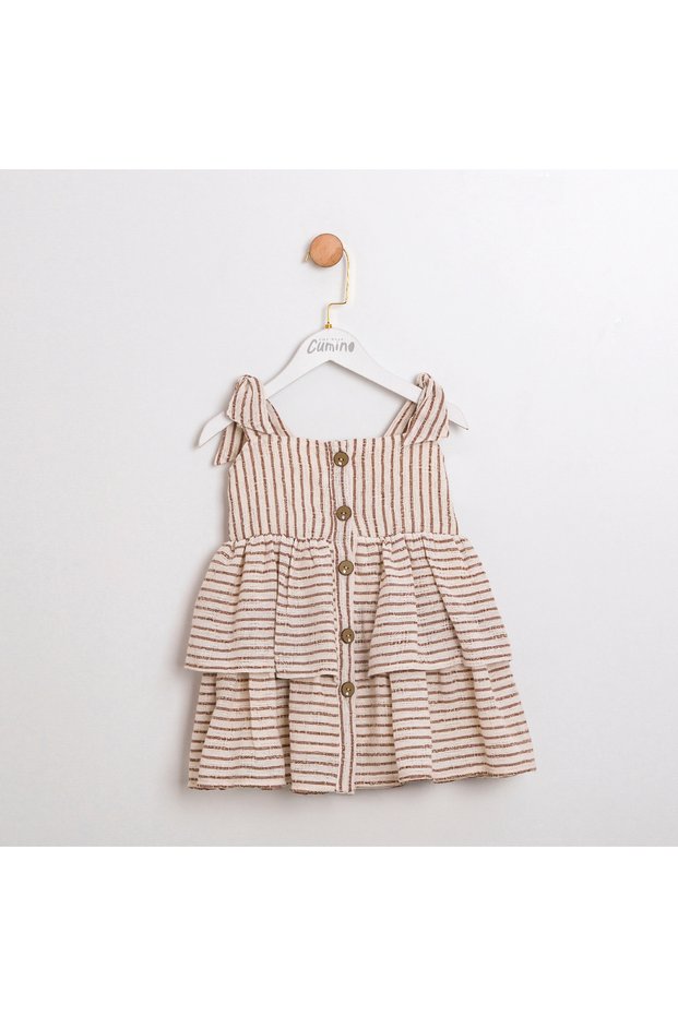 Striped Fabric Girls' Dress with Wooden Buttons