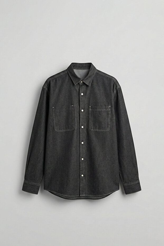 Men's Regular Fit Contrast Stitched Denim Shirt Black