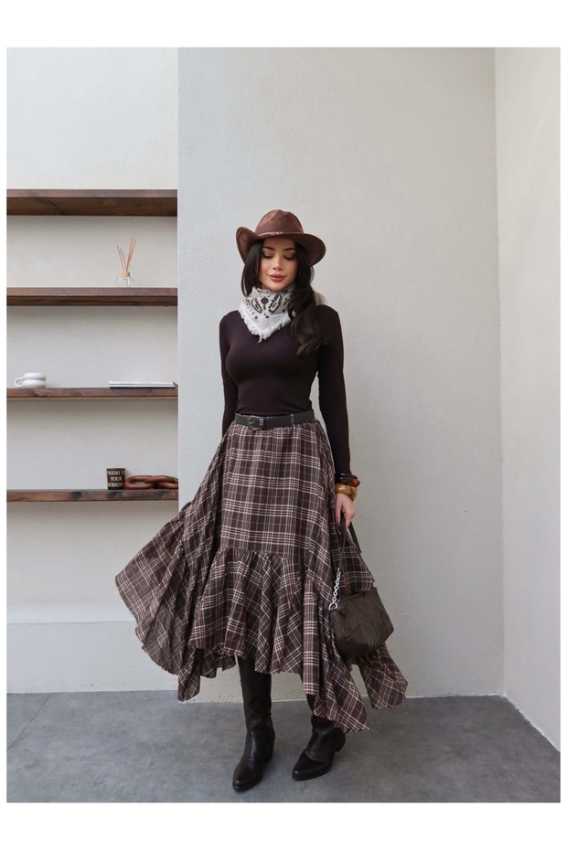 Belted Plaid Skirt with Flywheel Detail