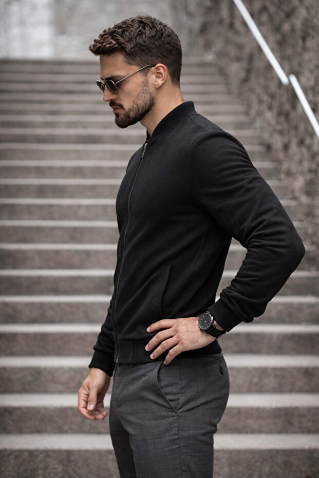 Erkek Basic Dar Kalıp Siyah Nubuk Ceket - 5