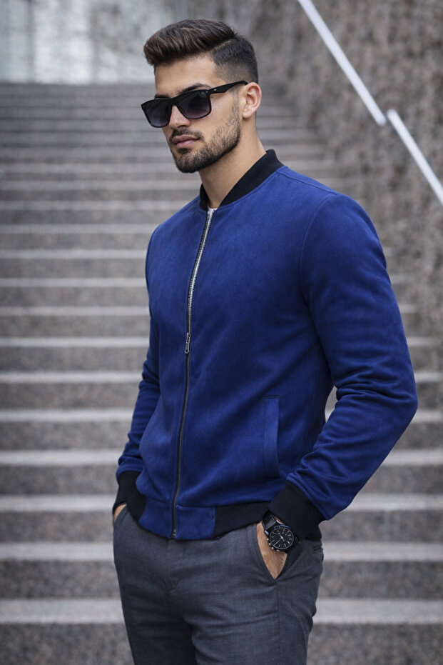 سترة رجالية أساسية ضيقة من جلد النوبوك باللون الأزرق الداكن - 2