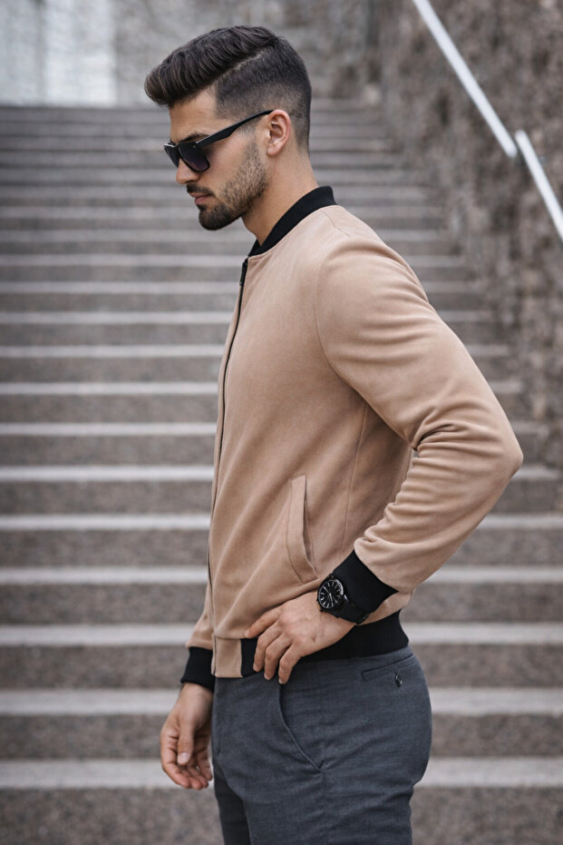 سترة رجالية أساسية ضيقة القصة من جلد النوبوك باللون البني - 3