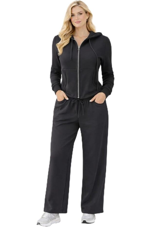Women’s Zip-Up Hoodie & Wide-Leg Pants Set – Relaxed Fit Loungewear with Hood and Pockets