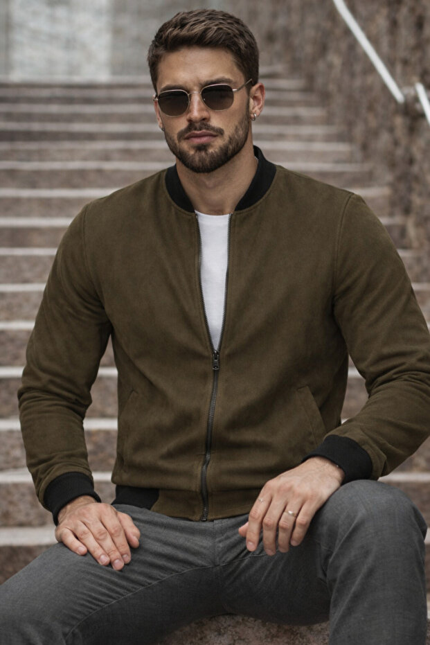 سترة رجالية أساسية ضيقة من قماش النوبوك الكاكي - 4