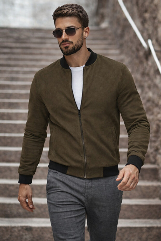 سترة رجالية أساسية ضيقة من قماش النوبوك الكاكي - 2