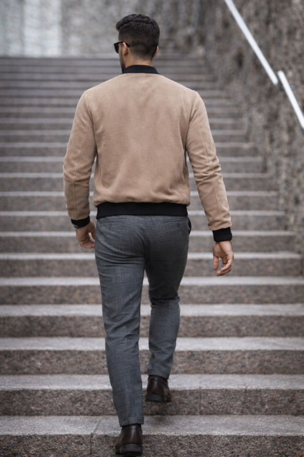 سترة رجالية أساسية ضيقة القصة من جلد النوبوك باللون البني - 6