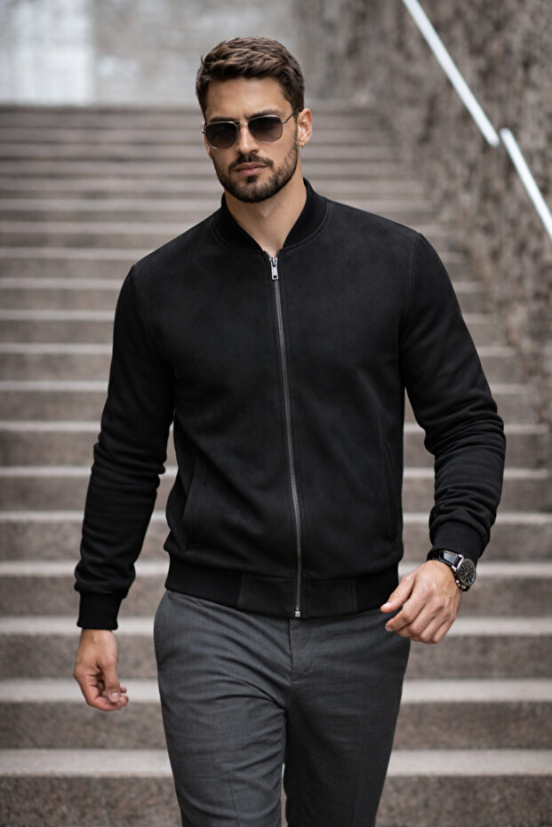 Erkek Basic Dar Kalıp Siyah Nubuk Ceket - 2