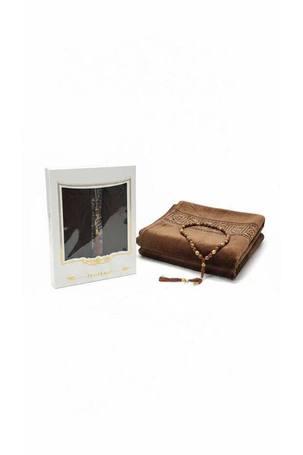 Velvet Prayer Mat Set with Tasbih Beads, Soft Padded Mat-Gift Box