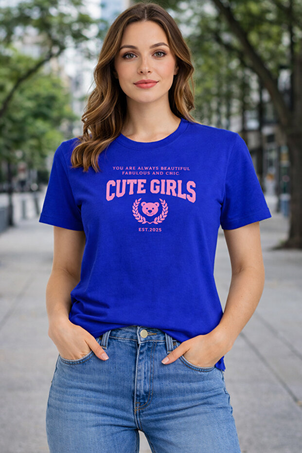 Cute Girls Print Detailed Basic T-Shirt