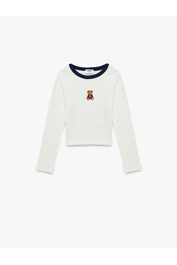 Long Sleeve Crew Neck Cotton Crop T-Shirt with Teddy Bear Embroidery Detail