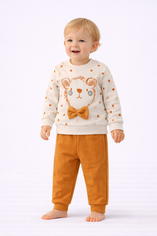 Baby Boy Bow Tie and Teddy Bear Patterned Top and Bottom Set 2 Yarns Without Drawstring Seasonal Tracksuit Set 3-12 Months