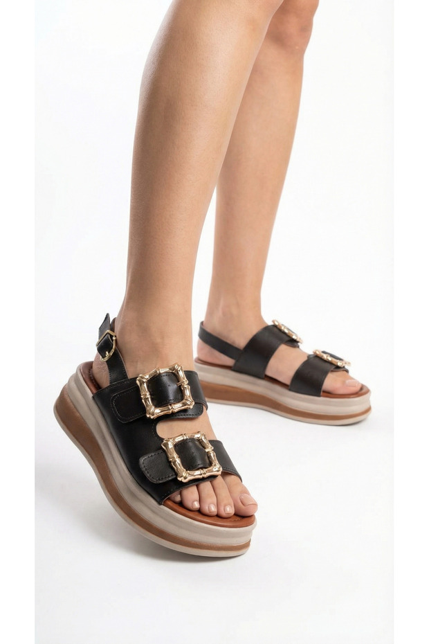 Thick Square Double Gold Buckle Detailed High Heel Ankle Buckle Women's Summer Sandals