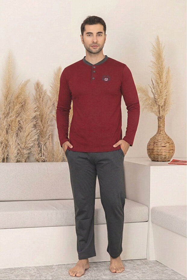 Dreamy Cotton Pocketed Buttoned Collar Long Sleeve Knitted Men's Pajama Set