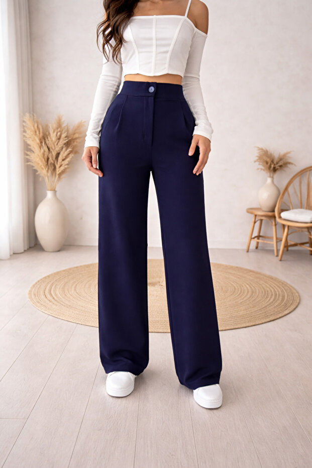Scuba Fabric Navy Blue High-Waisted Wide-Leg Palazzo Pants – Stylish, Flattering, Flowing Posture