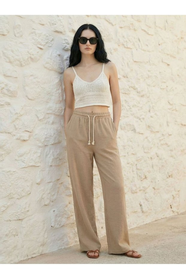 Women's Beige Palazzo Linen Muslin Trousers Wide Leg High Waist