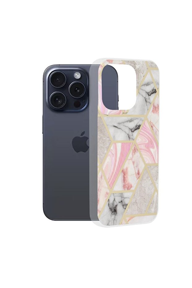 iPhone 15 Pro Marble, Pink Hex Case - 1