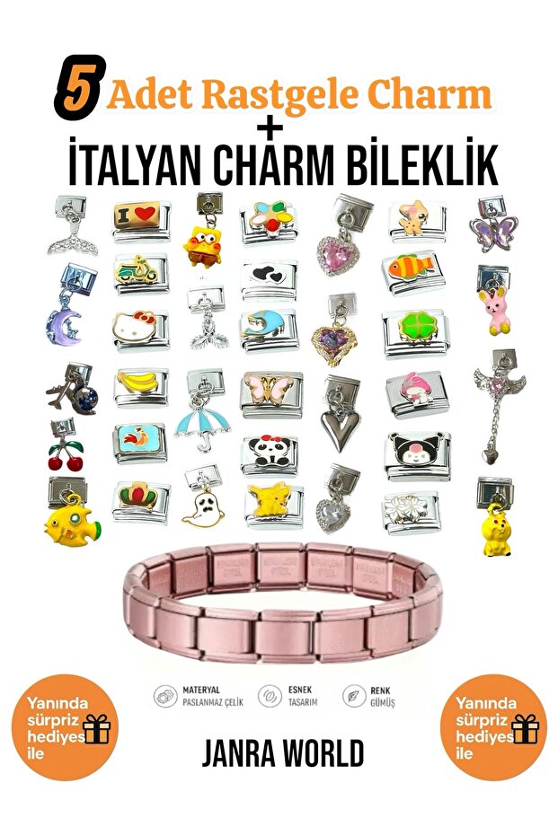 5 Pieces Random Charm + Italian Charm Bracelet Set | With Surprise Gift