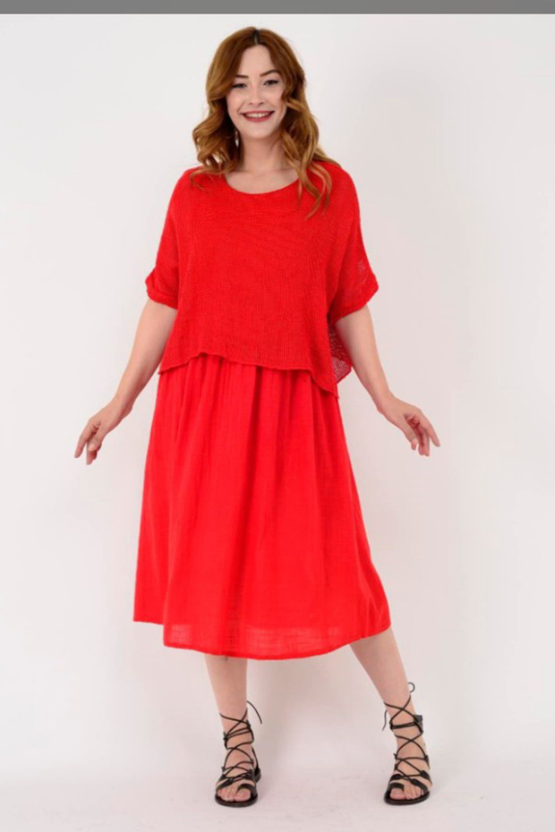 Women's Italian Red Plain Patterned Mesh 100% Cotton Lined Midi Dress