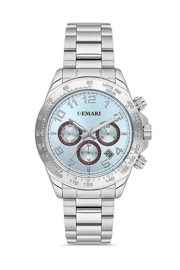Men's Wristwatch Quartz Multifunction Steel Band Sky Blue Dial Tachymeter Bezel Dm-00108G-A15