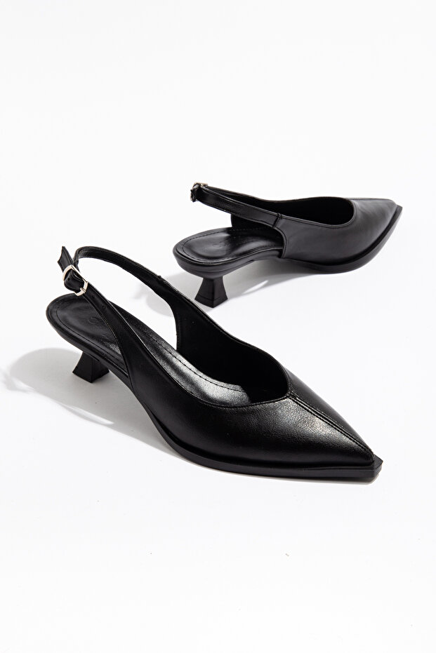 Black Short Heel Pointed Toe Women's Classic Leather Heeled Shoes