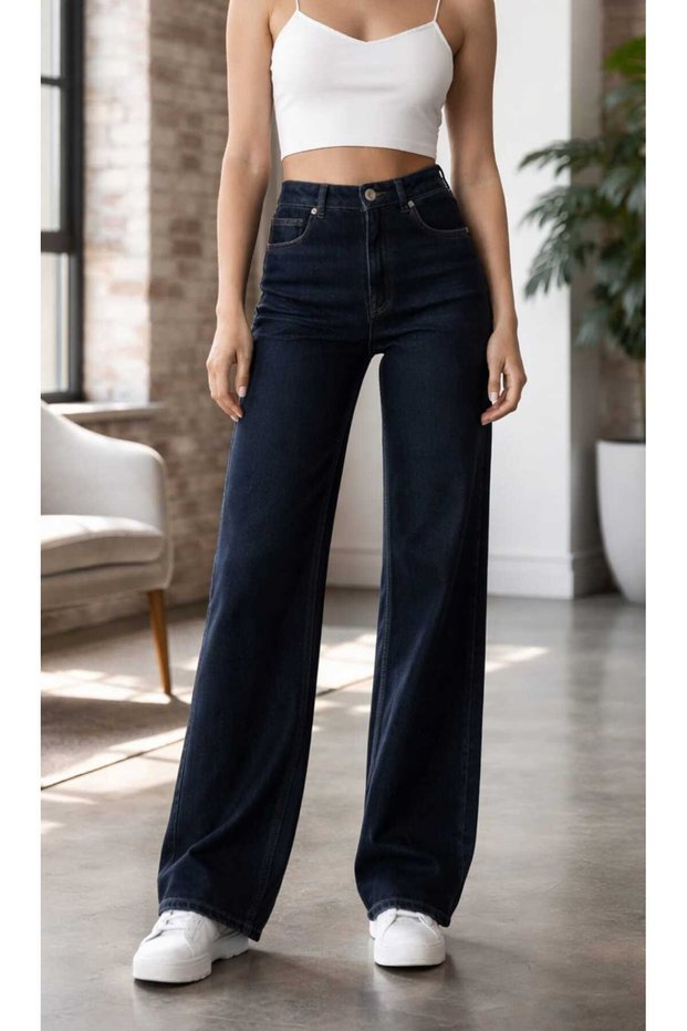 Christian Lycra Women's Navy Blue Super High Waist Loose Leg Denim Jeans Palazzo Loose
