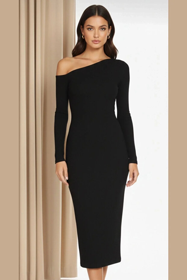 Women's Black Long Sleeve One Shoulder Open Sandy Fabric Bodycon Midi Dress