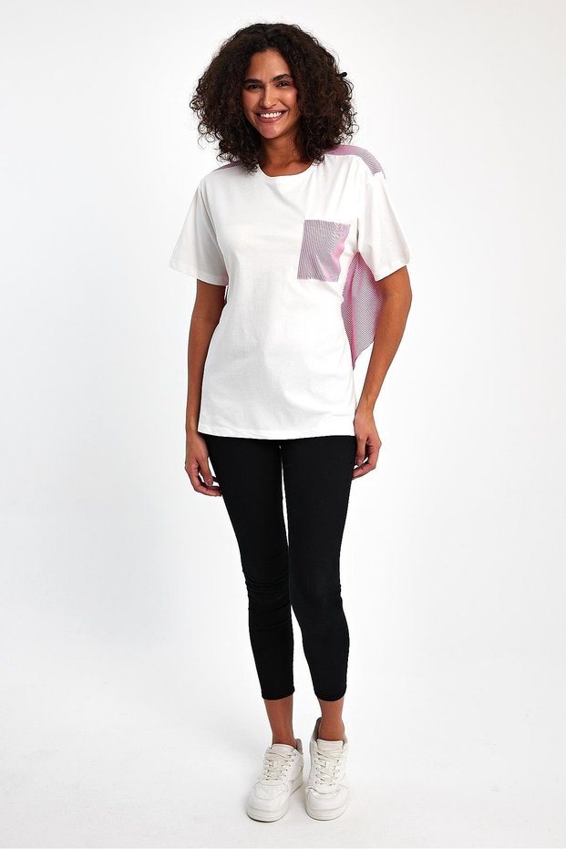 Women's Asymmetrical Detailed Cotton T-Shirt with Striped Pieces, Loose Cut White T-Shirt