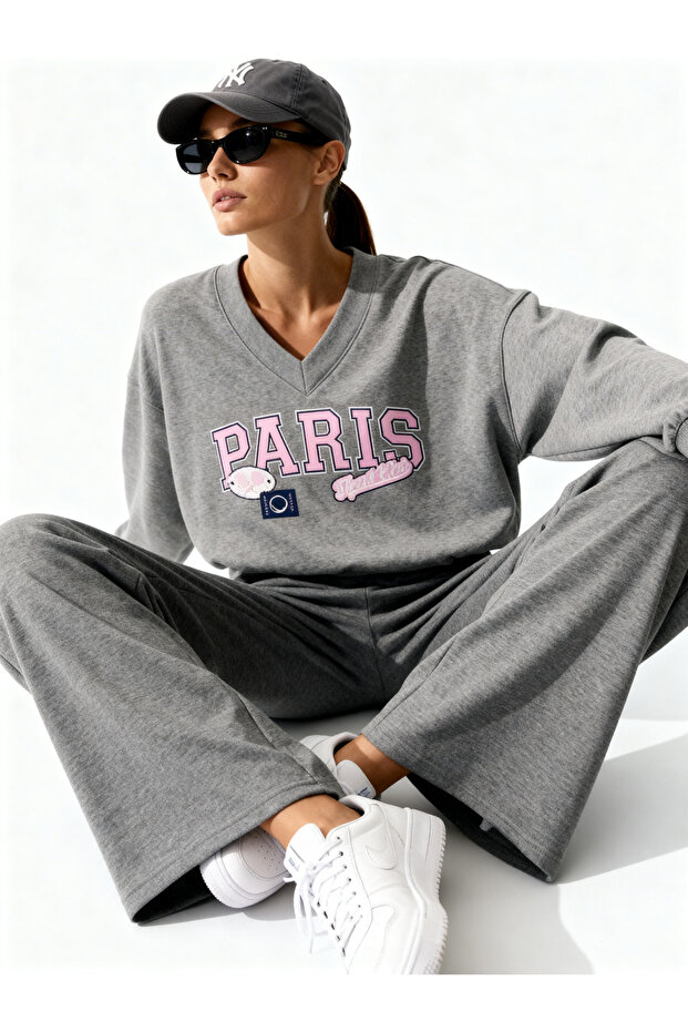 Paris Printed V-Neck Wide-Leg Casual Stylish Top and Bottom Tracksuit Set
