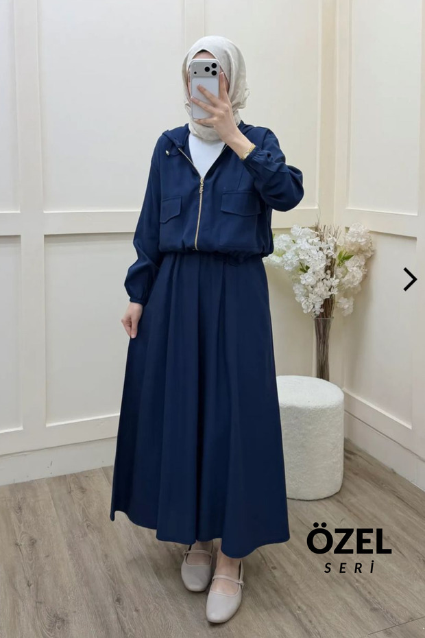 Hooded Pocket Detailed Hijab Women's Woven Skirt Set 3160 - Special Series