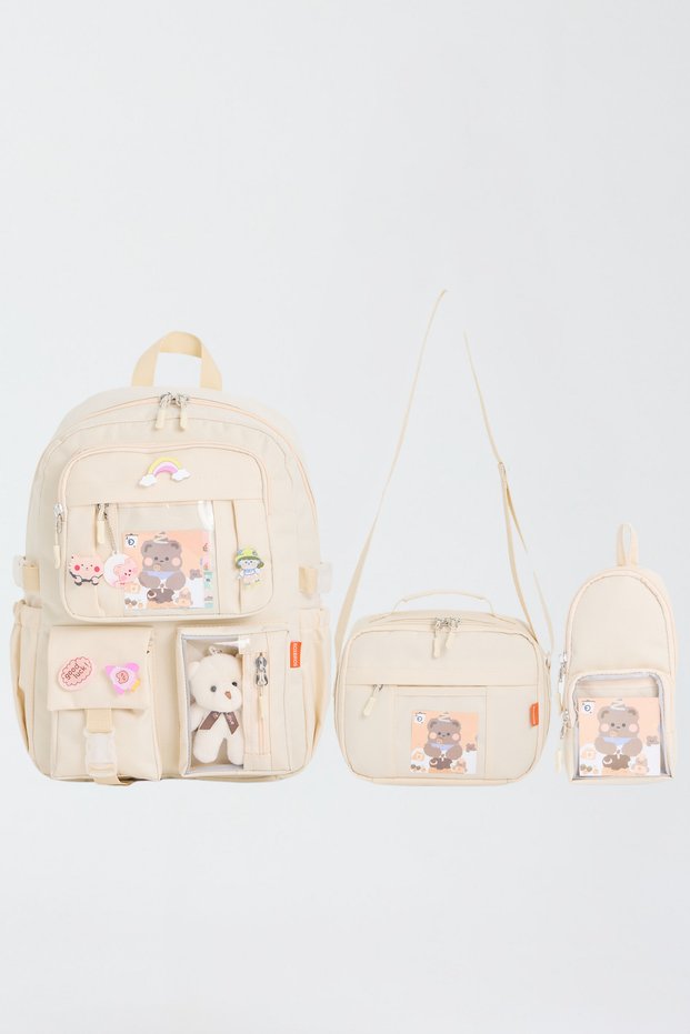 Set of 3 Girls' Primary School Bag with Korean Style Accessories Backpack with Pen Holder and Lunch Bag