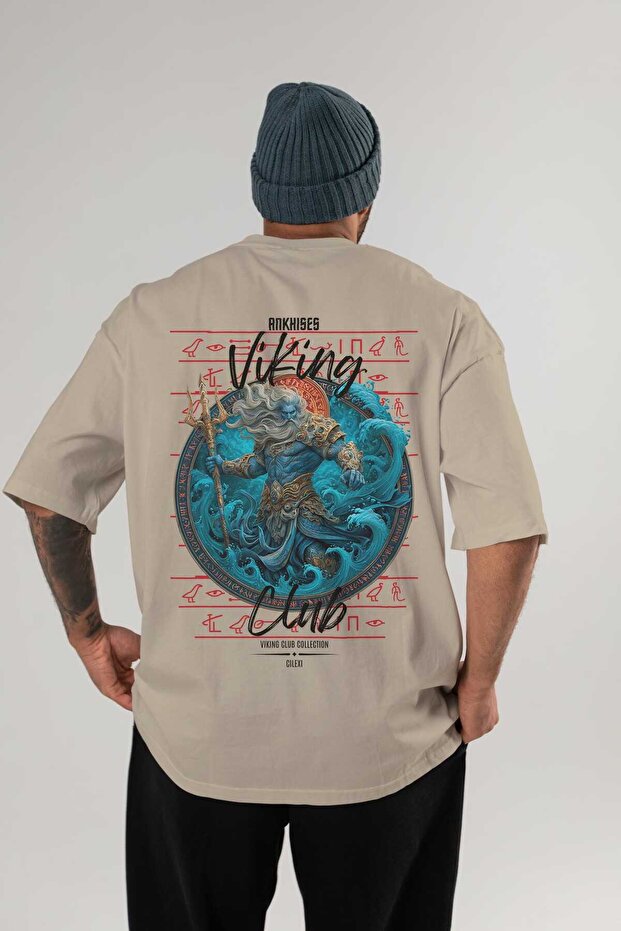 Njord Back Printed Beige Oversize T-Shirt Men's Women's Cotton Crew Neck T-Shirt