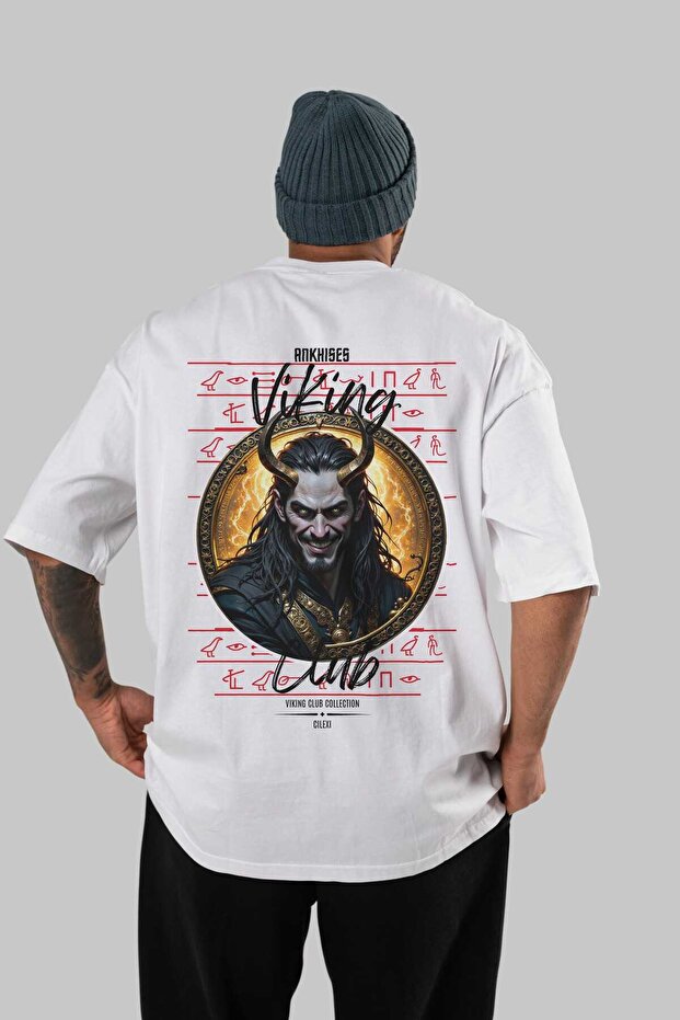 Loke 1 Back Printed White Oversize T-Shirt Men's Women's Cotton Crew Neck T-Shirt