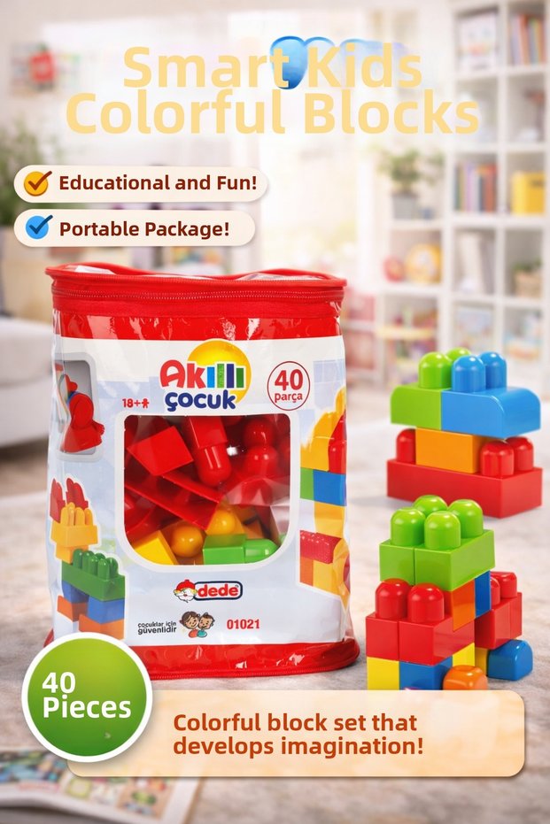 Smart Kids Colorful Blocks 40 Pieces Educational and Portable Building Toy