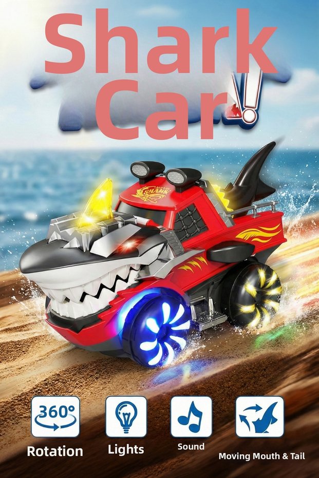 Light-Up, Sound-Up, and Moving Shark Monster Truck - 360 Degree Rotating Toy Car