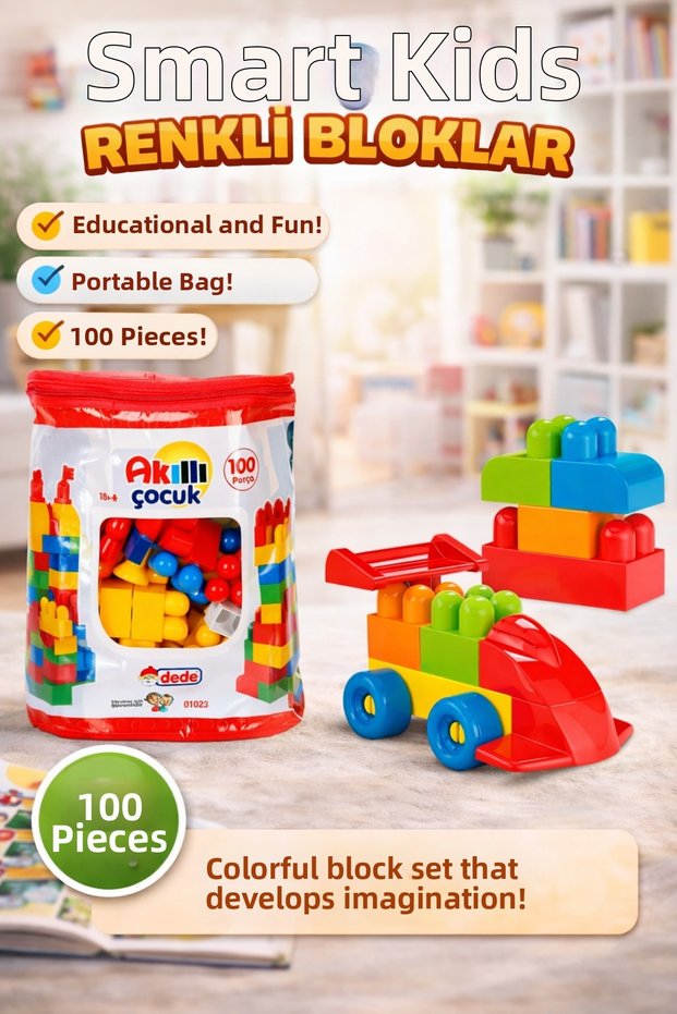 Smart Kids Colorful Blocks 100 Piece Educational Fun and Portable Building Set