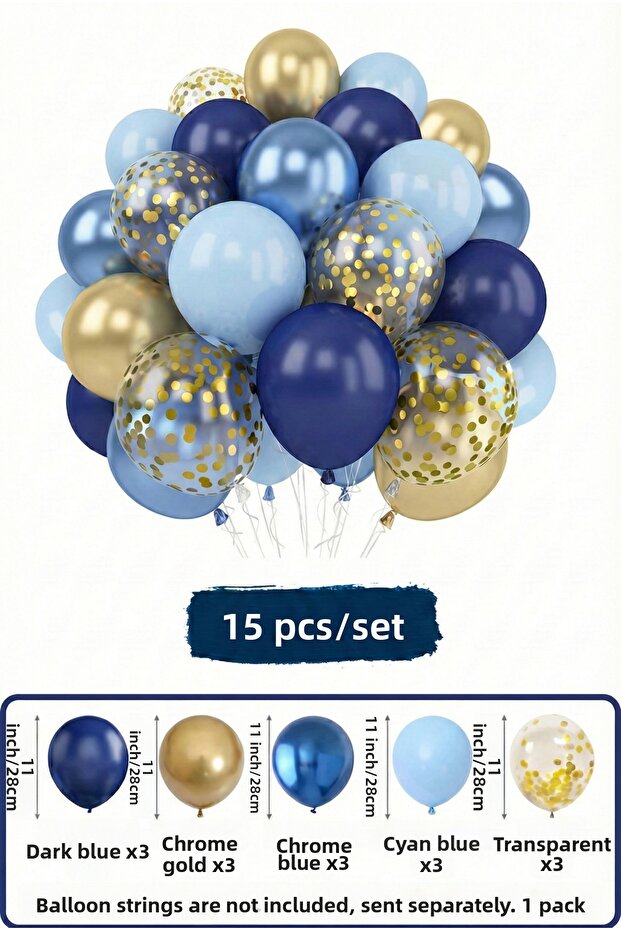 15-Piece Chrome Blue Gold Confetti Balloon Set Birthday Party Decoration