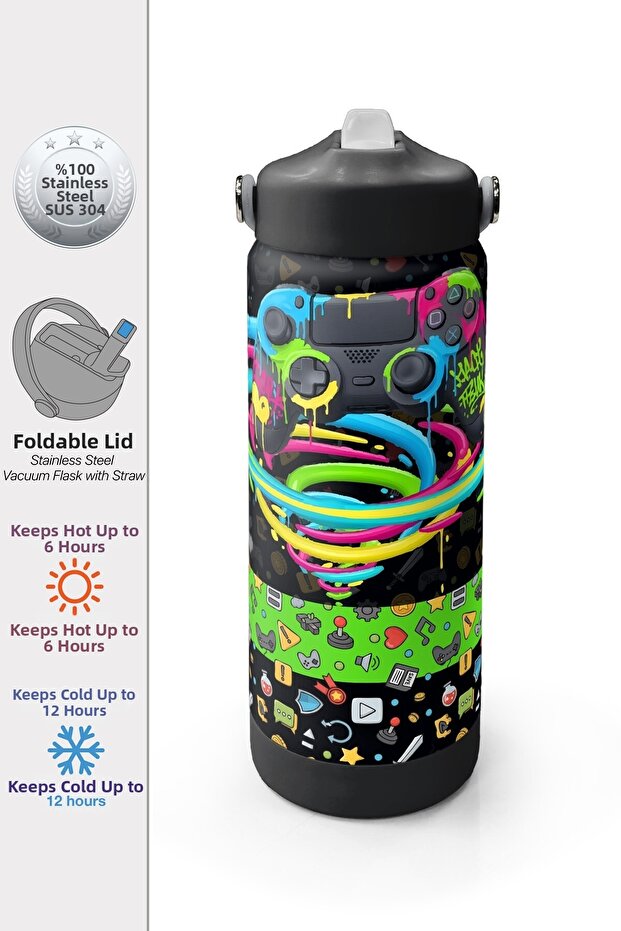 Black Gamer Patterned Steel Thermos with Folding Spout 650 ml 38340
