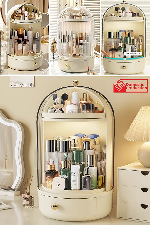 Beige 360 Rotating Stand Cosmetic Organizer with Drawers, Stylish and Practical Makeup Storage