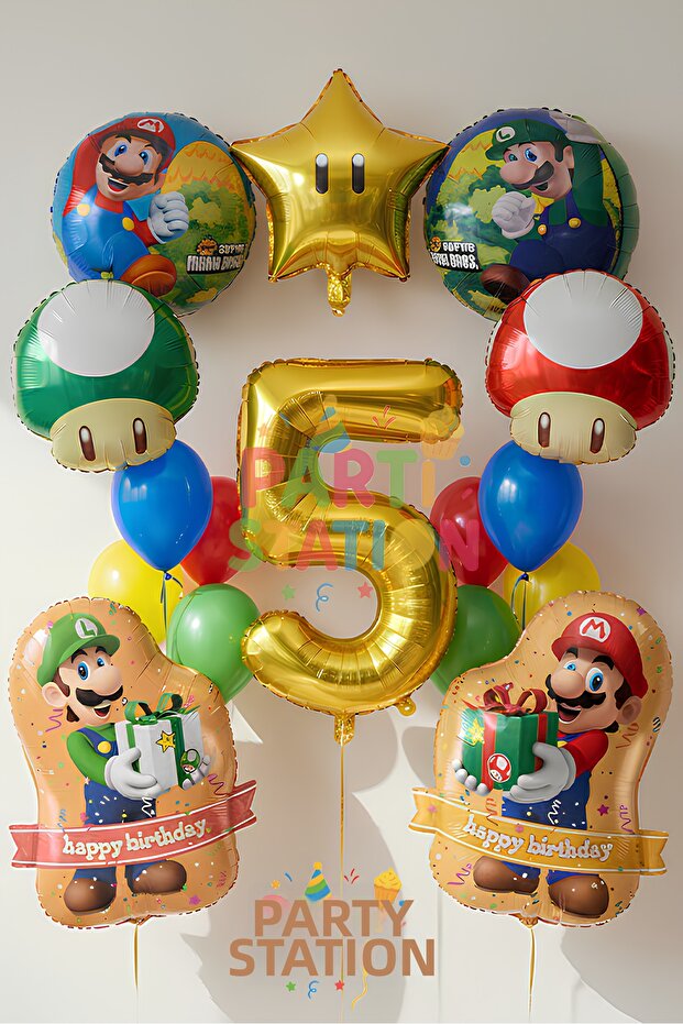 Super Mario Themed 5 Year Old 16 Piece Birthday Balloon Set