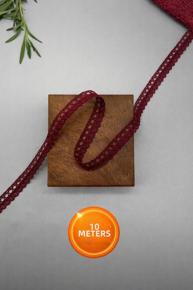 10 Meters Burgundy Cotton Lace-Kopanaki Ribbon 10 Meters, 1.6 cm Width No:1013
