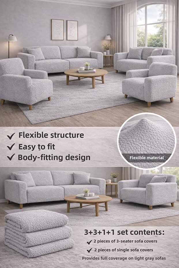 Bohemian Pattern Cream Elastic Sofa Cover 3+3+1+1 Set | Flexible Elastic Sofa Cover